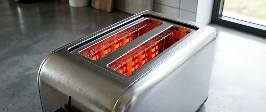 Close-up of a stainless steel toaster with glowing red heating elements inside.
