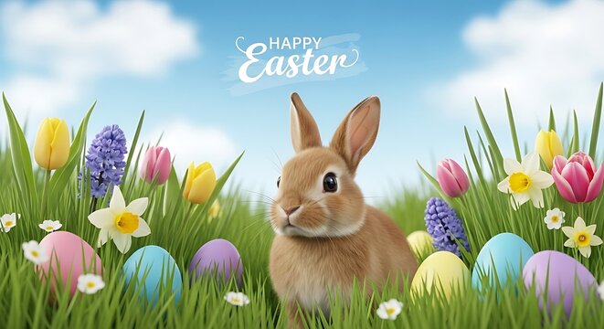 Easter scene, bunny amidst colorful eggs & flowers in grass against a sky