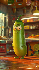 Angry cucumber cartoon mascot, expressive vegetable character in warm kitchen interior
