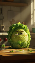 Sad lettuce cartoon kitchen mascot on cutting board, stressed expression in warm sunlight