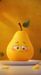Sad pear cartoon mascot on plate under rain, cute anthropomorphic fruit character