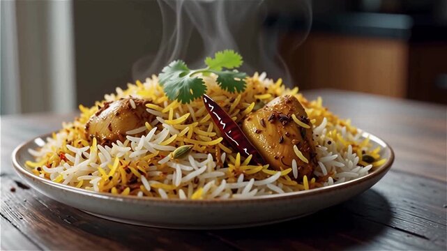 Chicken Biryani with Fragrant Basmati and Exotic Spices, food stock video, boryani video, festival food, seamless looping, 4k video looping, dinner stock videos, food recipes, youtube videos, stock ai
