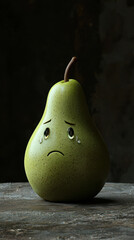 Sad pear cartoon mascot with tearful face on rustic tabletop, dark background