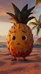 Pineapple cartoon mascot beach sunset scene, sad face fruit character on sand