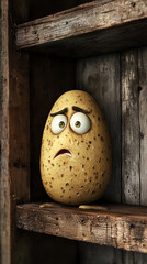 Cartoon potato mascot worried face rustic wooden shelf, three dimensional character dark barn