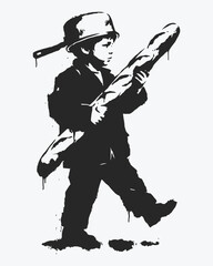 Street Art Stencil of Boy Soldier with Baguette Rifle