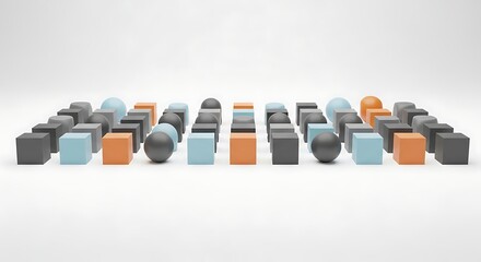 Fototapeta premium Geometric shapes including spheres and cubes arranged in neat rows with varying colors and textures on a plain background symbolizing order and