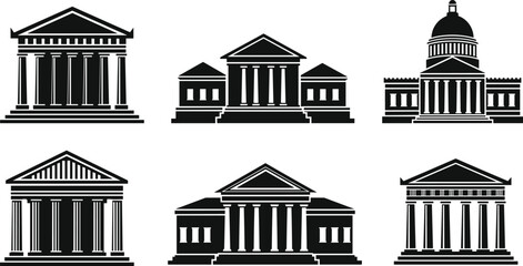 Classical government and courthouse building silhouette set, neoclassical architecture with columns and domes, black vector illustration for law, politics and institutional design © SreeShontusChandra