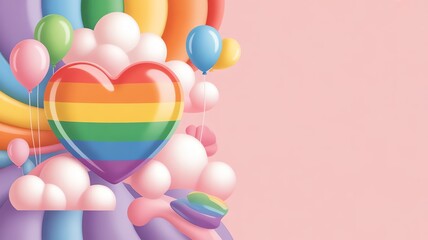 Fototapeta premium Whimsical surreal Pride Month illustration with a floating rainbow heart, pastel balloons, and soft clouds, designed with clean negative space for inclusive storytelling.