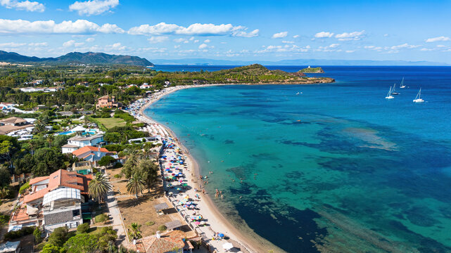 Aerial view of the beautiful Nora beach and turquoise bay in Pula, Southern Sardinia, Italy