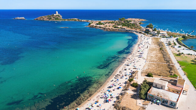 Aerial view of the beautiful Nora beach and turquoise bay in Pula, Southern Sardinia, Italy