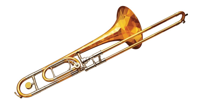A detailed illustration of a brass trombone musical instrument with its slide extended.