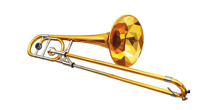 A gleaming golden trombone with a faceted bell, presented against a stark white background.