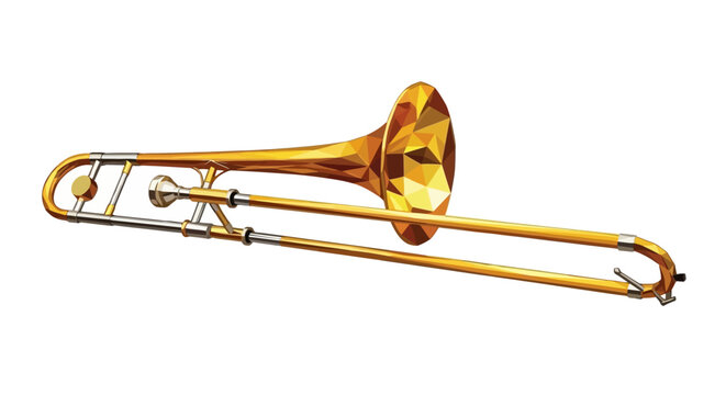 A detailed illustration of a gleaming golden brass trombone with its slide extended, set against a white background.