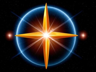 Golden Starburst Emblem Glowing Brightly Inside Blue Orb With Glittering Particles Against Starry Night Sky