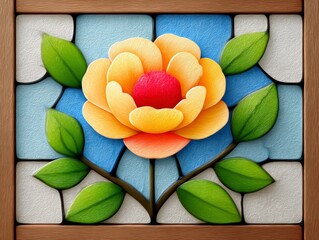 Detailed Close Up Of A Yellow And Orange Flower Stained Glass Art With Green Leaves