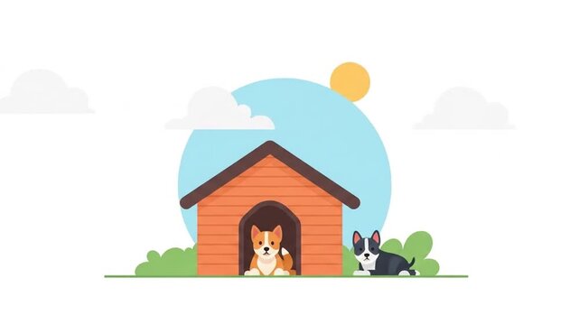 Two Adorable Puppies Relaxing by a Cozy Dog House on a Sunny Day.