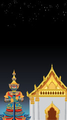 Thai Giant Guardian Statue Standing Beside Traditional Temple at Night