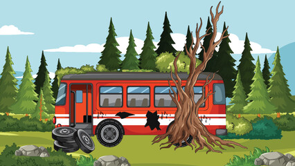 Abandoned Red Bus Crashed Into Tree In Forest