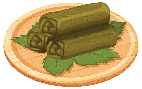Stuffed Grape Leaves on Wooden Plate Vector Illustration
