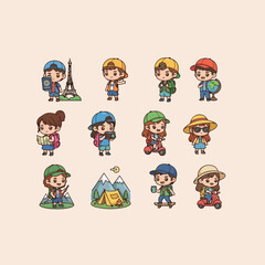 Adorable Cartoon Kids on Travel and Outdoor Adventures