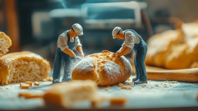 Miniature men cutting bread with knife 