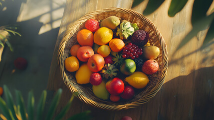 Assorted fresh fruits in a basket on wooden table. Health food concept