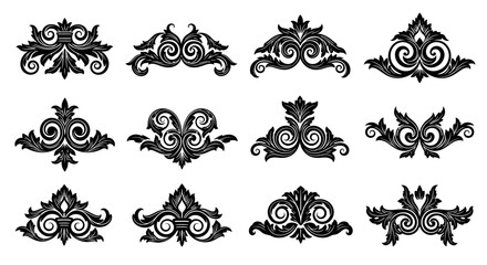 A collection of twelve ornate black and white decorative scrollwork elements with intricate floral and leaf patterns, ideal for design.