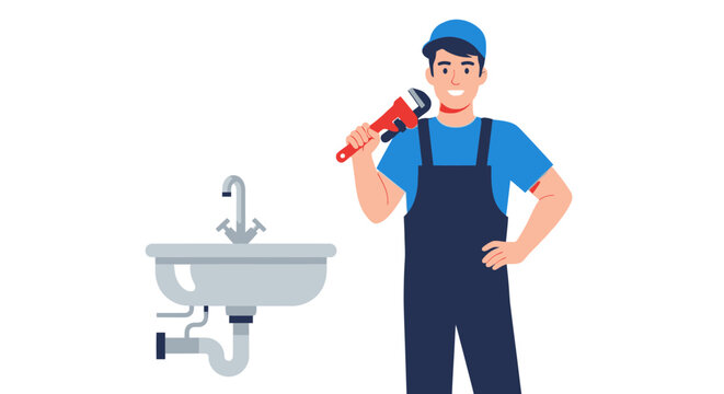 Male plumber in blue uniform holding a pipe wrench next to a sink with a faucet and pipes.
