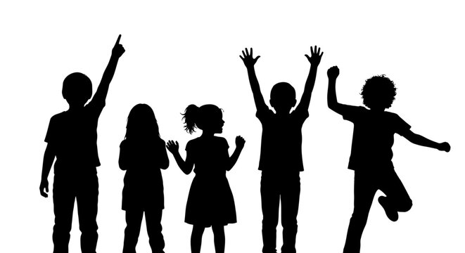 Silhouettes of five happy and energetic children with raised arms and various poses against a white background.