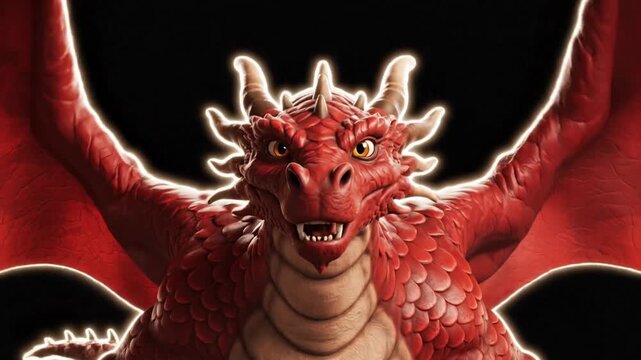 A vibrant cartoon red dragon illustration with fiery personality, depicted from a frontal viewpoint.