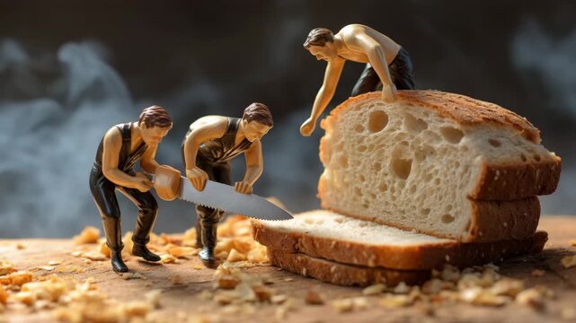 Miniature men cutting bread with knife 