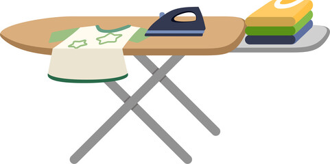 Ironing board setup with iron and clothes for laundry task in a domestic environment viewed from the side