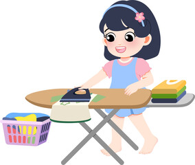 A young girl ironing clothes on an ironing board with baskets nearby