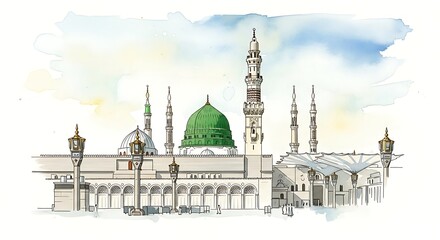 Watercolor illustration of the Prophets Mosque in Medina, Saudi Arabia.