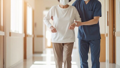 病院で理学療法士と歩くリハビリをする高齢女性　シニア介助イメージ