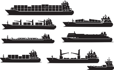 Fototapeta premium Ship Fleet Silhouette Side View Multiple Cargo Vessels