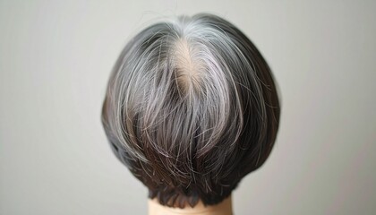 薄くなった頭皮と白髪が目立つシニア女性の後ろ姿　薄毛の悩み　高齢者