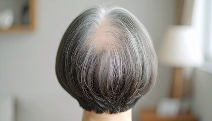 薄くなった頭皮と白髪が目立つシニア女性の後ろ姿　薄毛の悩み　高齢者
