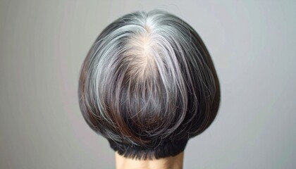 薄くなった頭皮と白髪が目立つシニア女性の後ろ姿　薄毛の悩み　高齢者
