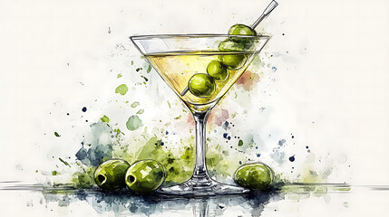 Elegant Martini Cocktail With Olives And Colorful Watercolor Splashes  