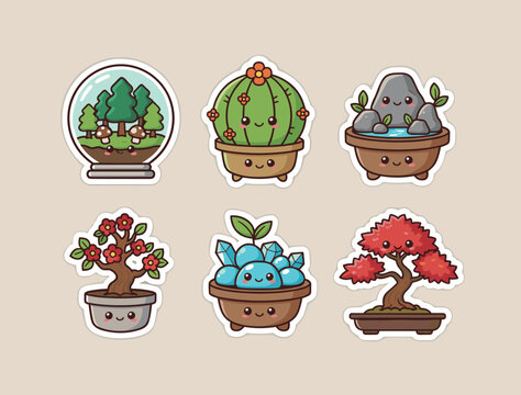 Professional collection of six kawaii potted plants and bonsai trees with cute faces and colorful flowers and crystals in flat vector style