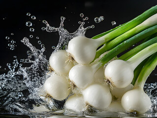 Fresh organic white onions with green stems splashing in clear water