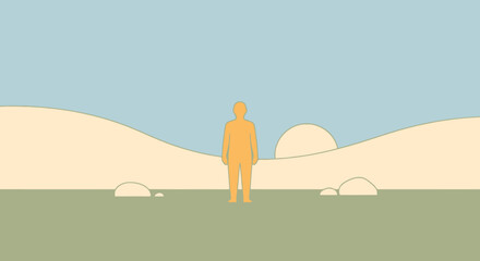 Minimalist human silhouette stands alone in open landscape with rolling hills and sun graphic on horizon © Jonmart