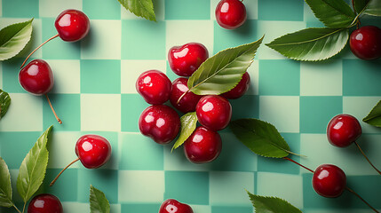 Fresh Ripe Cherries Scattered On Green And White Checkerboard Surface  
