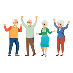 Obraz premium Set of characters of elderly happy people. Mature men and women rejoice and dance, demonstrate gestures of approval and jubilation, seniors are delighted See Less 