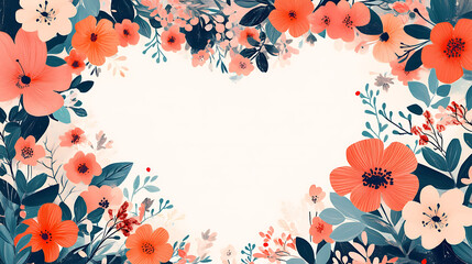 Heart Shaped Floral Border With Orange White Flowers And Green Leaves  