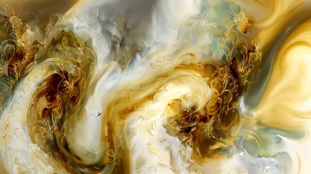 Abstract art with swirling gold, white, and brown elements. Delicate floral tracery appears throughout