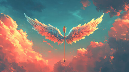 Majestic Angel Wings Ascending Through Fiery Sunset Clouds  