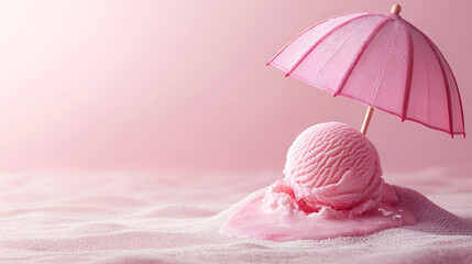 Melting Pink Ice Cream Scoop Under Umbrella On Soft Pink Background  